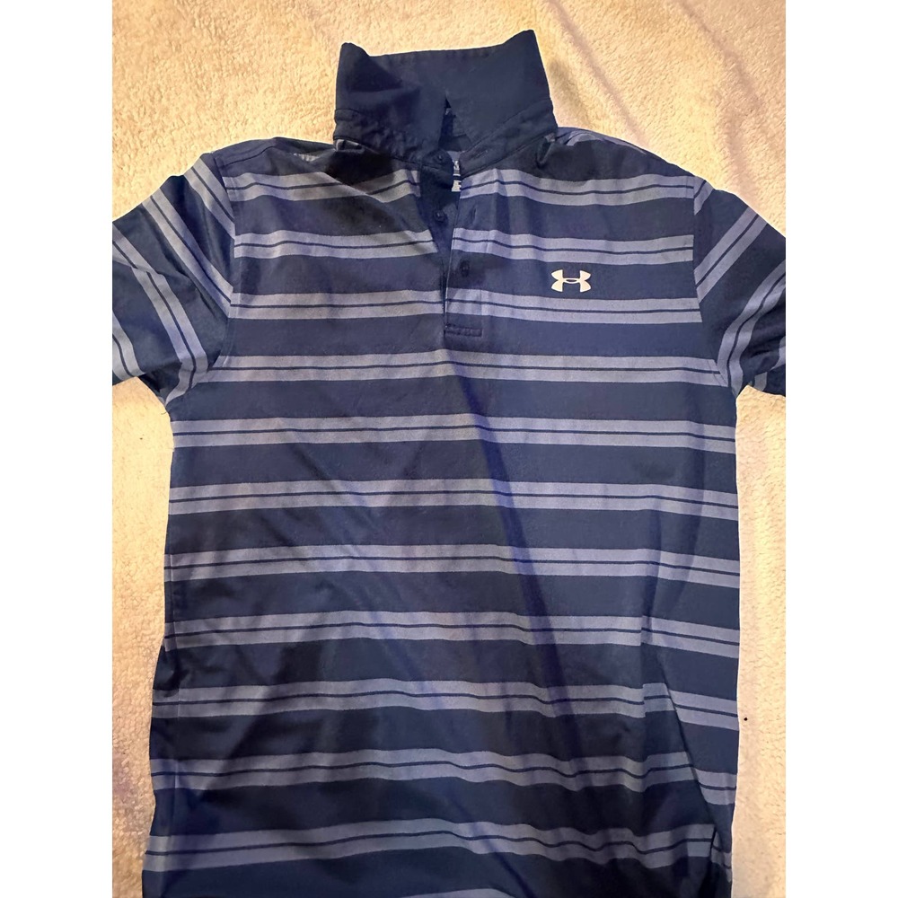 Under Armour Headgear Golf Polo Shirt Men M Blue Striped Short Sleeve Polyester